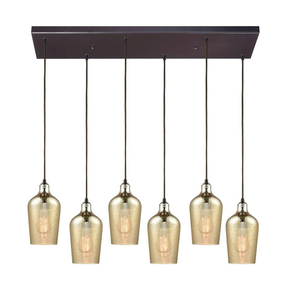 Hammered Glass - 6 Light Rectangular Pendant in Transitional Style with Coastal and Southwestern inspirations - 10 Inches tall and 30 inches wide - 1084S